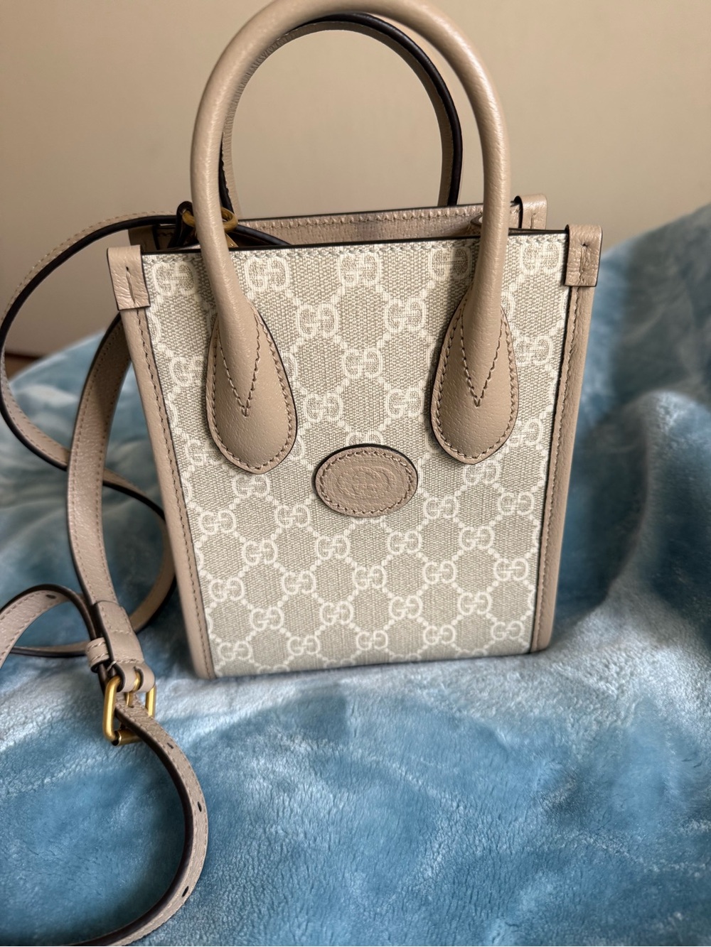 Gucci Beige GG Supreme Mini Tote with Taupe Trim